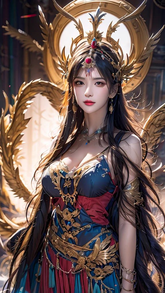 ((high quality, cinematic, best quality, extreme details, masterpiece detail eyes, Oriental fantasy background)), night, Dark clouds (Many lightning bolts) Black phoenix wings (Peacock), noble, grace, beauty, cold , Queen, beauty的女孩 (Oriental female surnames), eyes closed (idea), (Black) Oriental clothing, Upper body 8k, Shoulder (Black feather cloak), On shore