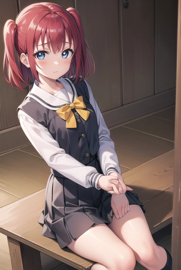 rubykurosawa, ruby kurosawa, aqua eyes, medium hair, red hair, two side up, twintails, (flat chest:1.2),
BREAK black socks, bow, bowtie, brown footwear, buttons, grey sailor collar, grey skirt, loafers, long sleeves, miniskirt, pleated skirt, sailor collar, , serafuku, shirt, shoes, skirt, uranohoshi , white shirt, winter uniform, yellow bow, yellow bowtie,
BREAK looking at viewer,
BREAK indoors, classroom,
BREAK (masterpiece:1.2), best quality, high resolution, unity 8k wallpaper, (illustration:0.8), (beautiful detailed eyes:1.6), extremely detailed face, perfect lighting, extremely detailed CG, (perfect hands, perfect ???????),