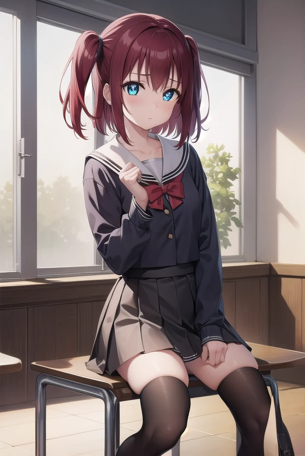 rubykurosawa, ruby kurosawa, aqua eyes, medium hair, red hair, two side up, twintails, (flat chest:1.2), 
BREAK black socks, bow, bowtie, brown footwear, buttons, grey sailor collar, grey skirt, loafers, long sleeves, miniskirt, pleated skirt, sailor collar, , serafuku, shirt, shoes, skirt, uranohoshi , white shirt, winter uniform, yellow bow, yellow bowtie,
BREAK looking at viewer, 
BREAK indoors, classroom, 
BREAK (masterpiece:1.2), best quality, high resolution, unity 8k wallpaper, (illustration:0.8), (beautiful detailed eyes:1.6), extremely detailed face, perfect lighting, extremely detailed CG, (perfect hands, perfect anatomy),