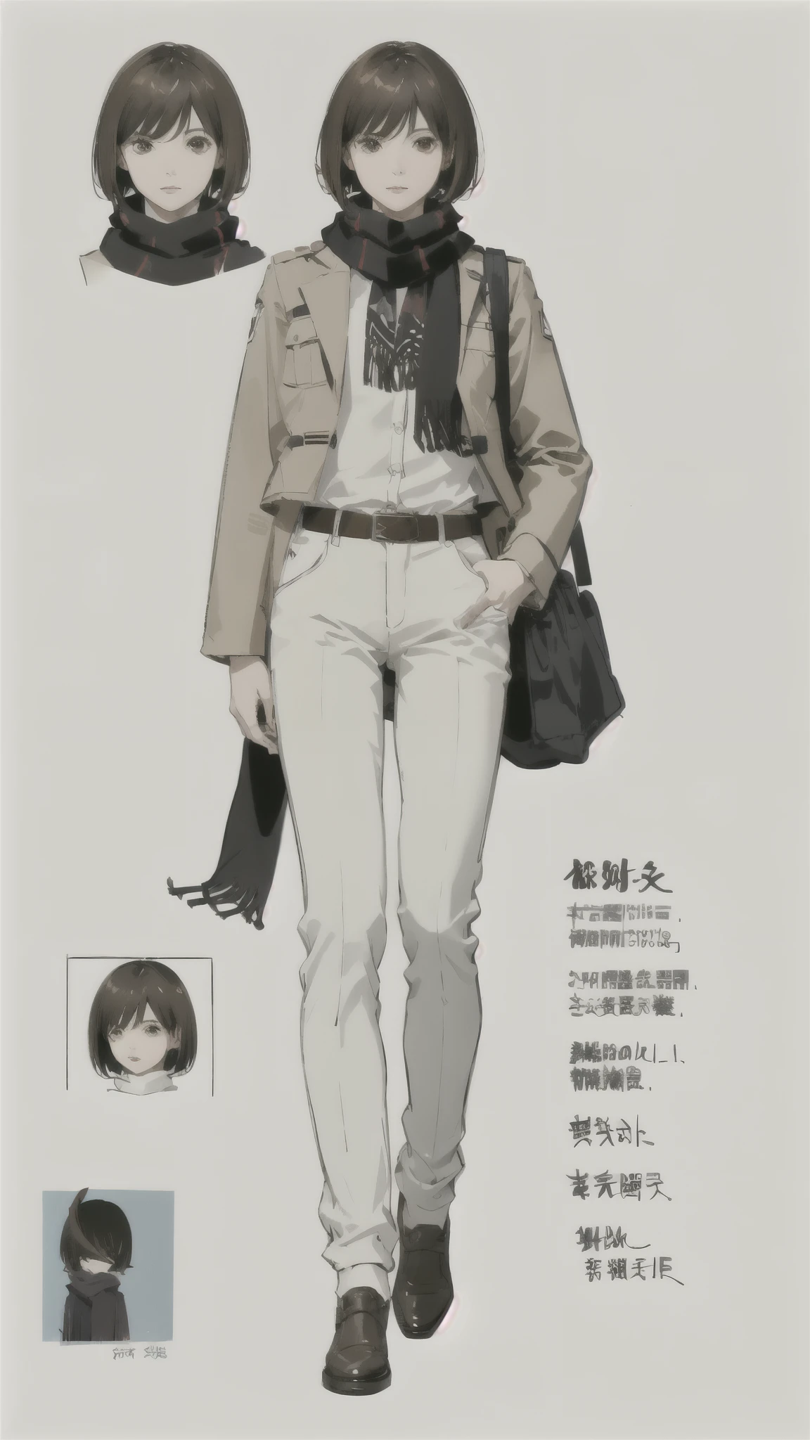 Fumikasa、short hair、black eye、scarf、emblem、belt、Thigh straps、赤いscarf、White trousers、Brown jacket、Long sleeve、militaryru、detailed、masterpiece、Reference Art、Reference Sheet、Multiple Views、Reference Sheet、Model Sheet、