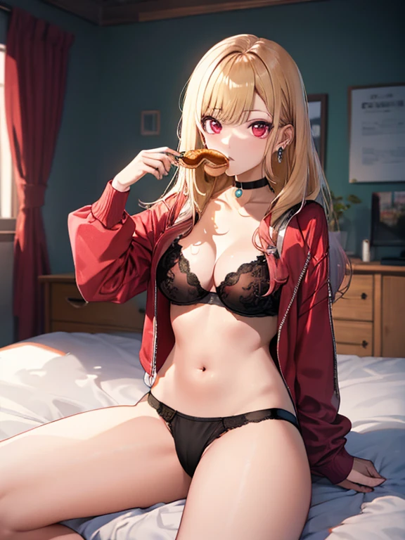 Donuts:1.5, Eating Donuts, On the bed, Pink underwear, Leg spread, Kitagawa Marine, One girl, Blonde Hair, Long Hair, Multicolored Hair, Red eyes, jewelry, Earrings, Earrings, Black choker, 超High resolution, retina, masterpiece, Accurate, Anatomically correct, Textured skin, Super Detail, Attention to detail, high quality, 最high quality, High resolution, 4K
