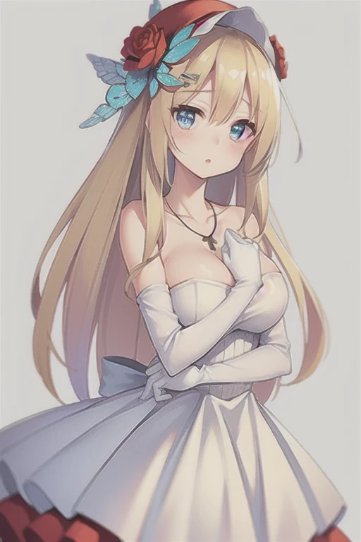 Saratoga (warship girls r),((Masterpiece)), (((Best quality))), ((Ultra-detailed)), ((illustration)), ((Disheveled hair)), ((frilld)), (1 girl), (Solo),alternative costume, Blonde hair, Blue eyes, Blush, Breasts, Bugs, Butterfly, cleavage, Clothing, crown, dress, False wings, Female, flower, frill dress, frilld, full bodyesbian, mitts, Headwear, insect, jewelry, Large breasts, Long hair, necklace, Red flower, Red rose, Rose, Short dress, Solo, No shoulder strap, Strapless dress, head gear, White dress, White gloves,
