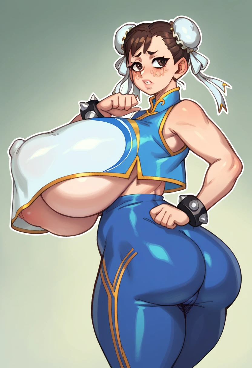 CHUN-LI, brown eyes, double bun, yellow ribbon, blue bodysuit, crop top, sleeveless, ((gigantic ass)), thick thighs, from behind, ((gigantic breasts)), underboobs, sideboobs, ((perky big puffy nipples)), ((long erected nipples)), big cameltoe, pouted lips, squinting eyes, embarrassed