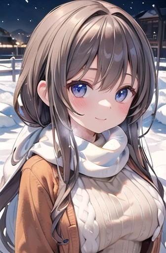 (masterpiece, Highest quality:1.3),beautiful detailed glow,Best lighting,(((Highest quality,Fabric Shading,ultra detailed))),extremely detailed CG unity 8k wallpaper,非常にdetailedで美しく、beautiful,The best light,High resolution,detailed,Dynamic Lighting,
One girl, alone,Large Breasts,
a girl with long hair and a scarf around her neck in the snow, Official Art, Are standing, smile, winter, snow, snowing, View your viewers,(Cold breath:1.4),
Brown Hair,
From above,
(Wearing a jumper_dress:1.5),