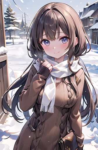 (masterpiece, Highest quality:1.3),beautiful detailed glow,Best lighting,(((Highest quality,Fabric Shading,ultra detailed))),extremely detailed CG unity 8k wallpaper,非常にdetailedで美しく、beautiful,The best light,High resolution,detailed,Dynamic Lighting,
One girl, alone,Large Breasts,
a girl with long hair and a scarf around her neck in the snow, Official Art, Are standing, smile, winter, snow, snowing, View your viewers,(Cold breath:1.4),
Brown Hair,
From above,
(Wearing a jumper_dress:1.5),
