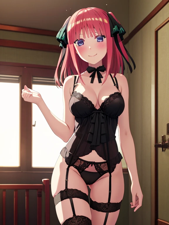 best quality, insanely detailed, nino nakano, breasts, blush, bedroom background, bare-shoulder, looking at viewer, garter strap, a black ribbon, stockings, pussy, smile, lingerie garterbelt, cheerful eye, Legs open to the left and right