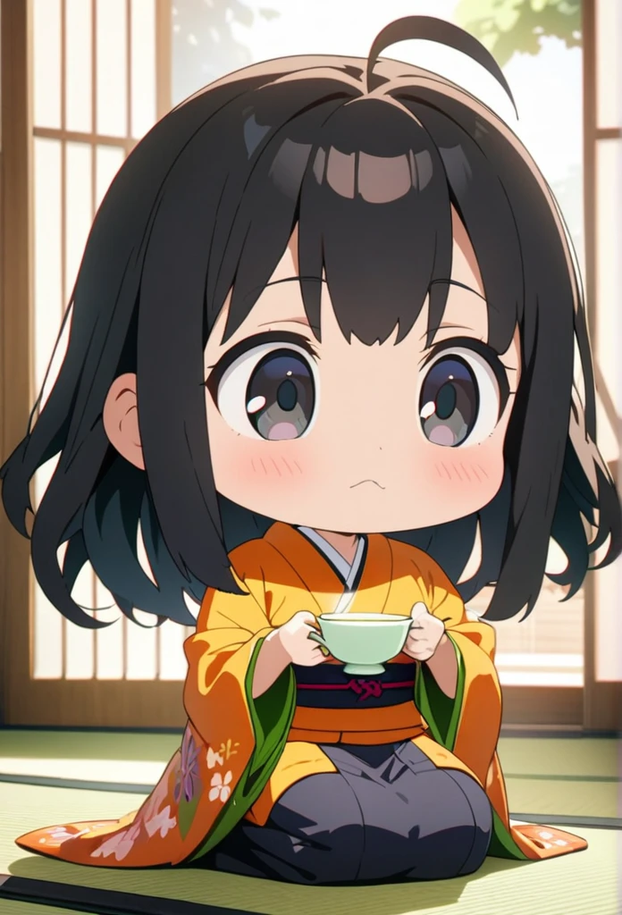 a girl, seiza, looking ahead, ahoge, long hair, black hair, black eyes, big eyes, chibi, kimono, bigger face, cute, anime, cell anime, 2d anime, soft surface, soft lighting, masterpiece, best quality, hyper detailed, exquisite, beautiful, Full-HD, 8K, absurdres, tatami, Japanese-style room, warm face, hold a teacup with both hands, green tea, Perfect Hand Style, yunomi, japanese teacup