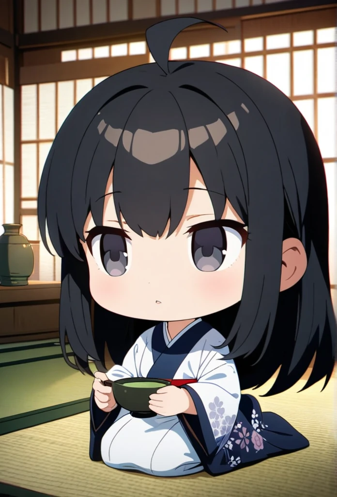 a girl, seiza, looking ahead, ahoge, long hair, black hair, black eyes, big eyes, chibi, kimono, bigger face, cute, anime, cell anime, 2d anime, soft surface, soft lighting, masterpiece, best quality, hyper detailed, exquisite, beautiful, Full-HD, 8K, absurdres, tatami, Japanese-style room, warm face, hold a teacup with both hands, green tea, Perfect Hand Style, yunomi, japanese teacup