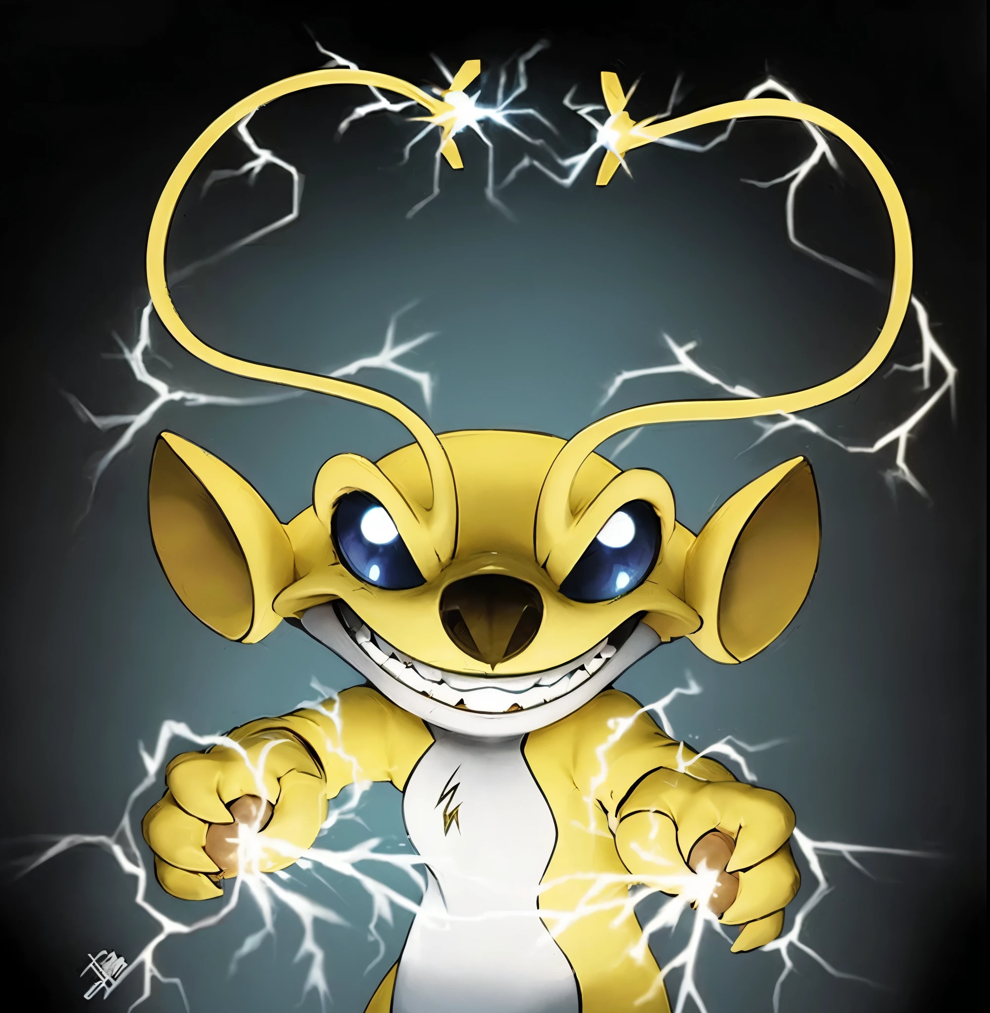 a cartoon character of a yellow mouse with lightning, pokemon illustration, portrait of zeraora, pokemon rato bonito, megaman as pikachu, sonichu, rename, by Eddie Mendoza, electrifying, art admirer, shocking, chupacabra, threatening!!!, grinning sinisterly, electric, electrode, melting into jolteon, art admirer