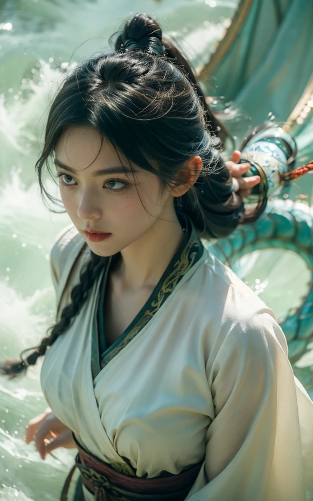braided pony tail, Dragon Horn, Colored contact lenses, A faint smile, Tonality, Motion Blur, from above, 35 mm, Sony FE GM, 16K