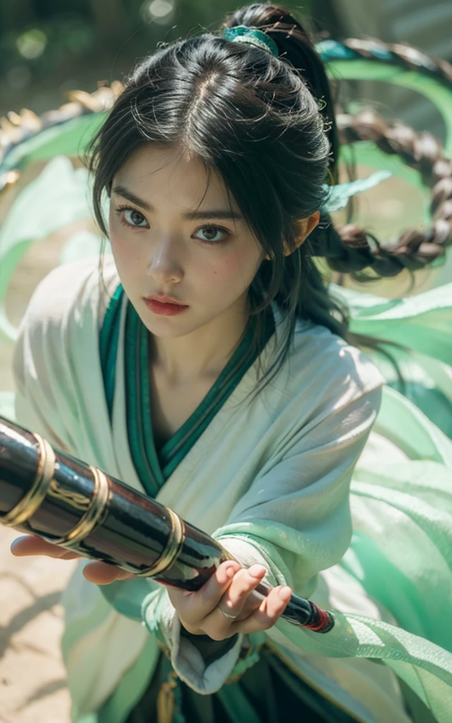 braided pony tail, Dragon Horn, Colored contact lenses, A faint smile, Tonality, Motion Blur, from above, 35 mm, Sony FE GM, 16K