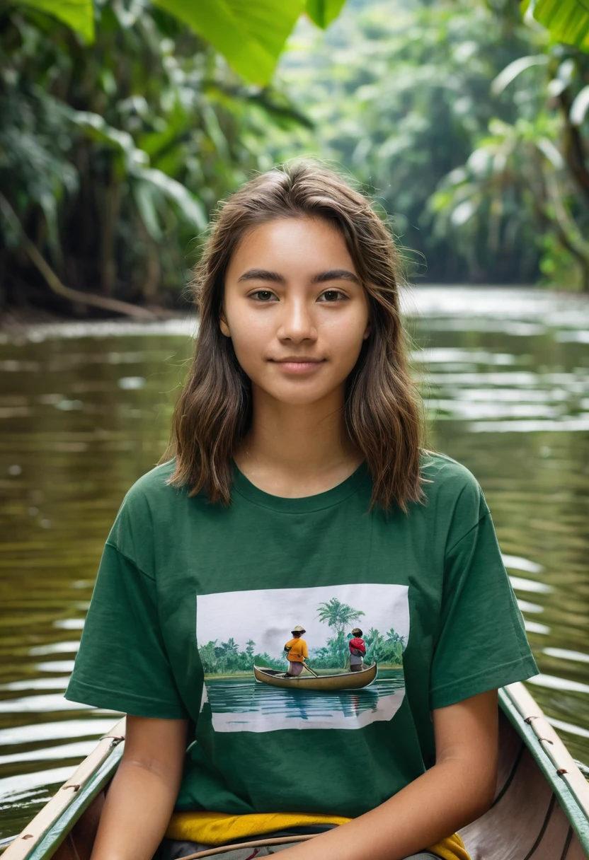 Make a picture of a woman, 18-years old, with a cotton t-shirt, long branch, canoe style ruff, from the front pro spectator, with hands in pockets. In the background a tropical forest