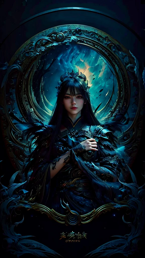 ((high quality, cinematic, best quality, extreme details, masterpiece detail eyes, Oriental fantasy background)), night, Dark clouds (Many lightning bolts) Black phoenix wings (Peacock), noble, grace, beauty, cold , Queen, beauty的女孩 (Oriental female surnames), eyes closed (idea), (Black) Oriental clothing, Upper body 8k, Shoulder (Black feather cloak), On shore