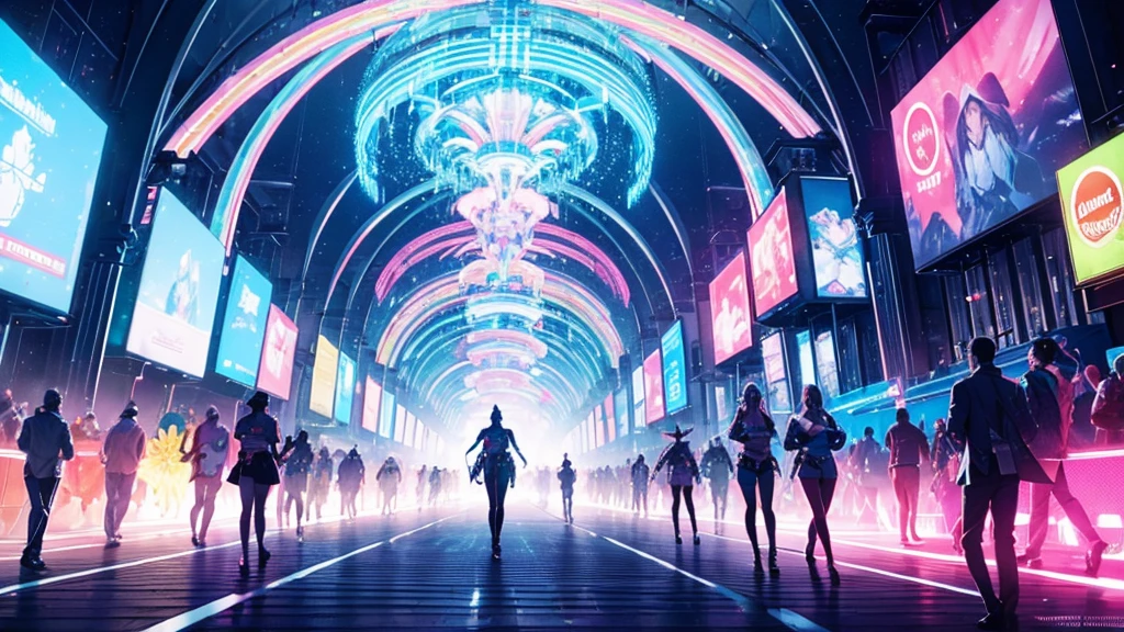 A spectacular parade in a futuristic metaverse theme park with colorful neon lights