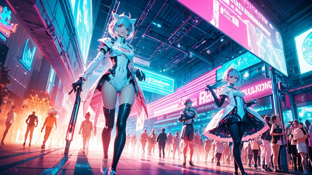 A spectacular parade in a futuristic metaverse theme park with colorful neon lights