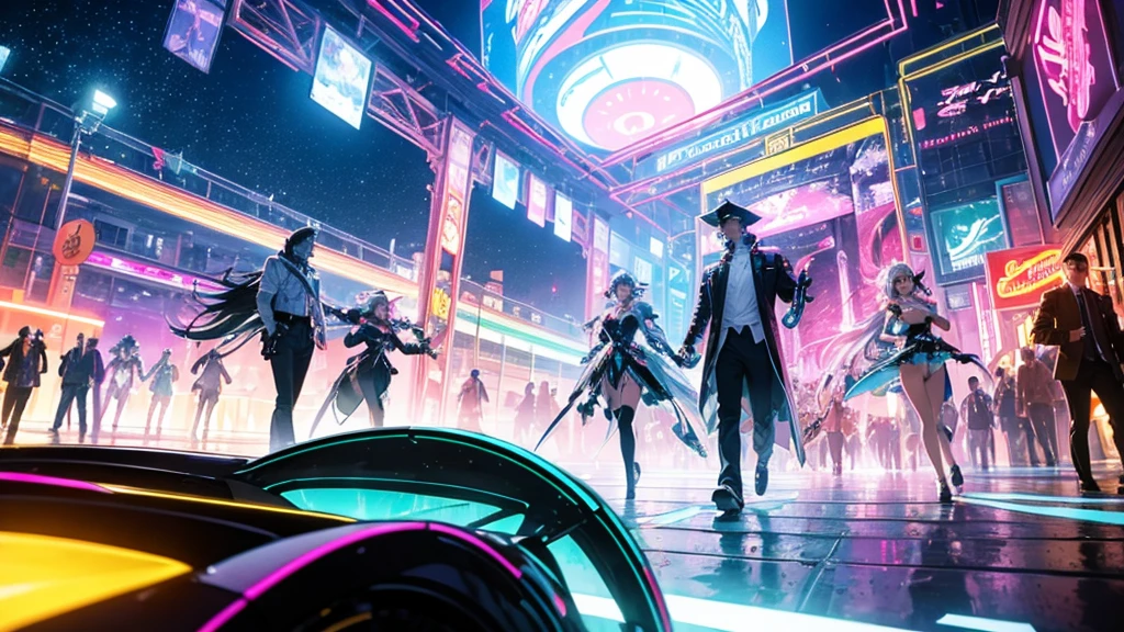A spectacular parade in a futuristic metaverse theme park with colorful neon lights