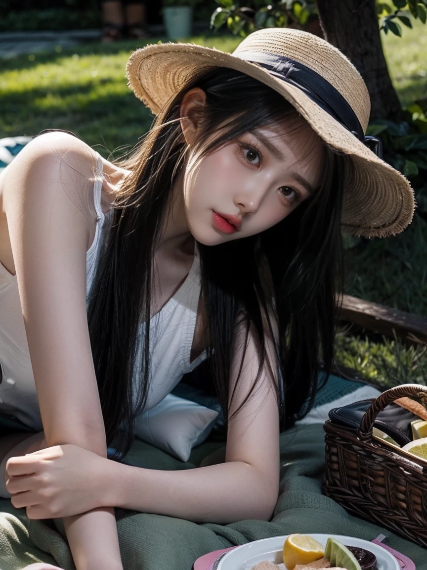 A beautiful girl with long, silky hair is lying on a lush green meadow. She wears a short white t-shirt and a pastel-colored mini skirt, giving her a lively and youthful appearance. She is comfortably resting, eyes closed, as if savoring a peaceful moment.
Around her, there are adorable picnic items: a wicker basket filled with fresh fruits, an open book, a straw hat, and a few soft, small pillows. Beside her, there's a refreshing pitcher of lemonade and a small blanket spread out for her to lie on. Soft sunlight filters through the tree leaves, casting gentle dappled shadows on the grass.
This scene evokes the feeling of a perfect summer afternoon, vibrant and serene, like a picturesque snapshot of a blissful and relaxing picnic day.