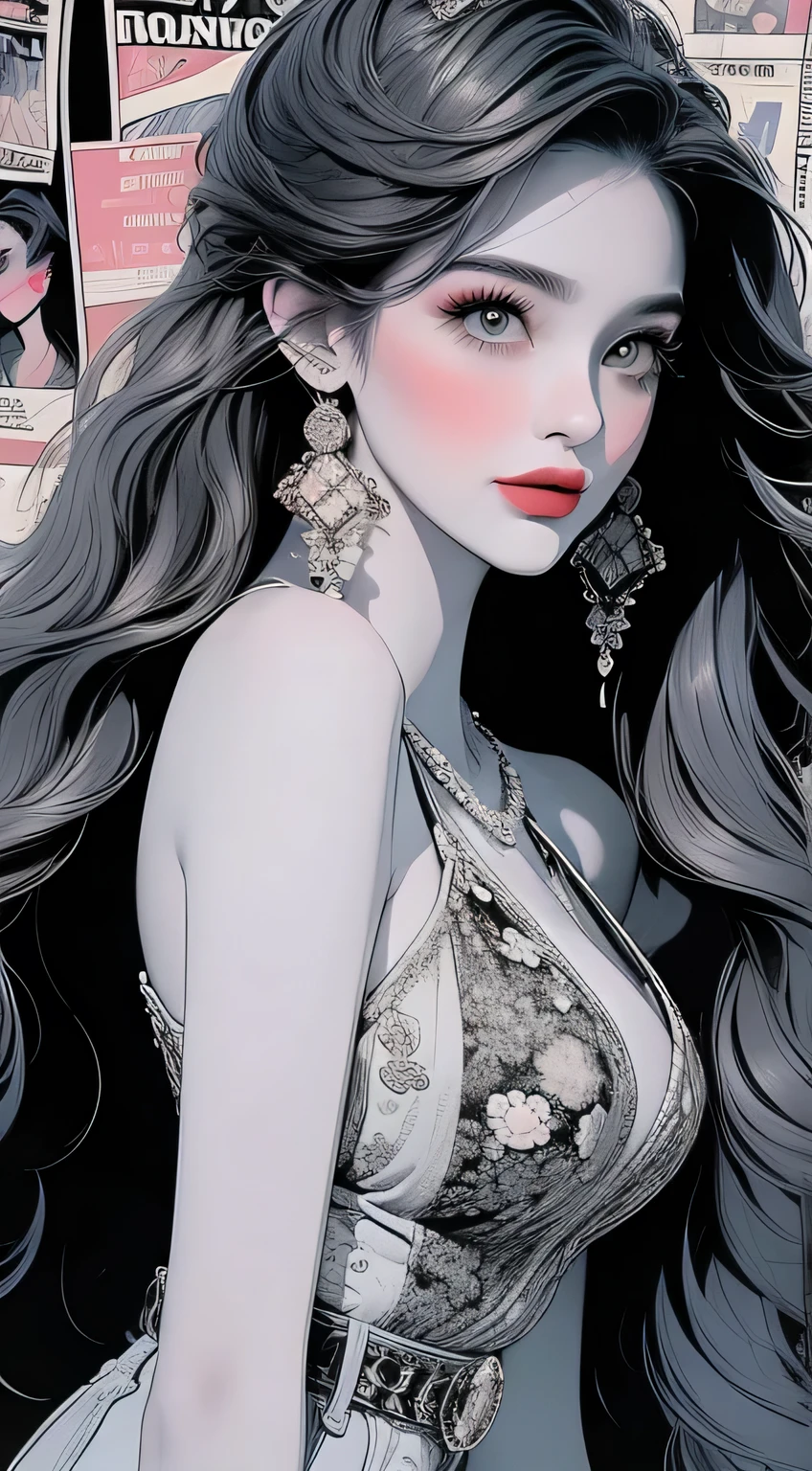 Create pop art-style digital artwork, Vibrant and confident woman featuring bold makeup and colorful fashion, movie color scheme, Surrounded by vintage floral patterns, Vibrant strokes,Emotions should be dynamic, Upper Body, , illustration, Grayscale