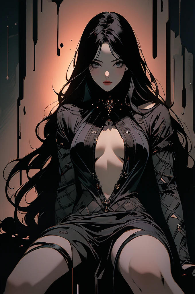 masterpiece,best quality,ultra-detailed,2girl,solo,crow,upper body,dark style,black hair ,horror theme, nude, sitting, legs spread wide open showing pussy,