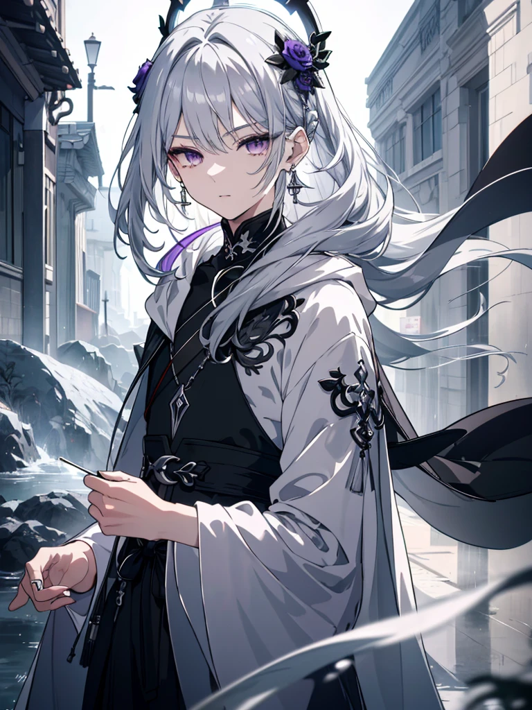 8k,High resolution RAW color art,Anime Art, (((Very detailed and cool))), Detailed skin, Blur、texture,(Exquisitely crafted, The finer details, Ultra-detailed art), (((One boy))), Depth of written boundary, Silky Touch, Hyper Detail, (((Cool face))), eye shadow、Silver Marble Skin, Beautifully detailed purple eyes, Beautiful lip detail, Very delicate face, Delicate depiction of hair and eyes, Detailed Fashion, Silver earrings,Silver Bracelet、Full body depiction, Black high neck、black waist cloak、 A little bit of grey hair、Semi-long hair、(((Hair)))、water surface、silk clotheatte、Soft clothes、cool、Food、Wear warm clothes、Halo