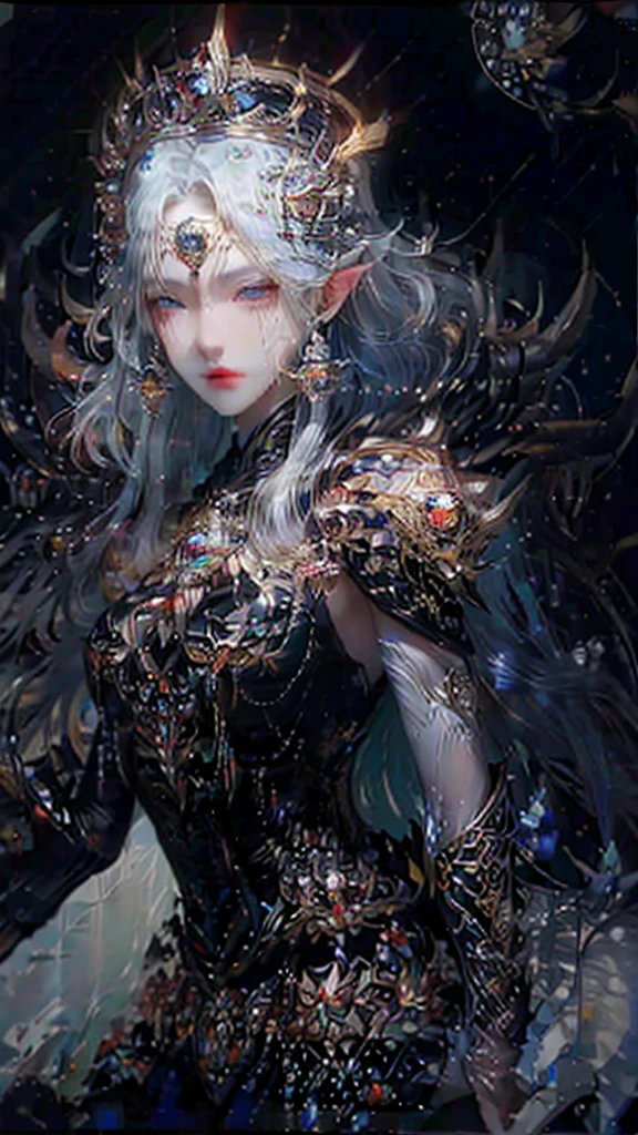 ((high quality, cinematic, best quality, extreme details, masterpiece detail eyes, Oriental fantasy background)), night, Dark clouds (Many lightning bolts) Black phoenix wings (Peacock), noble, grace, beauty, cold , Queen, beauty的女孩 (Oriental female surnames), eyes closed (idea), (Black) Oriental clothing, Upper body 8k, Shoulder (Black feather cloak), On shore