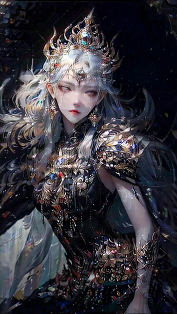 ((high quality, cinematic, best quality, extreme details, masterpiece detail eyes, Oriental fantasy background)), night, Dark clouds (Many lightning bolts) Black phoenix wings (Peacock), noble, grace, beauty, cold , Queen, beauty的女孩 (Oriental female surnames), eyes closed (idea), (Black) Oriental clothing, Upper body 8k, Shoulder (Black feather cloak), On shore