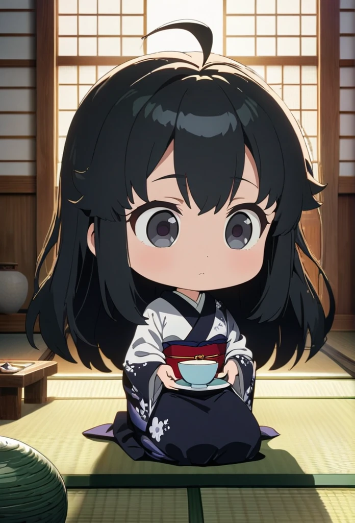 a girl, seiza, looking ahead, ahoge, long hair, black hair, black eyes, big eyes, chibi, kimono, bigger face, cute, anime, cell anime, 2d anime, soft surface, soft lighting, masterpiece, best quality, hyper detailed, exquisite, beautiful, Full-HD, 8K, absurdres, tatami, Japanese-style room, warm face, hold a teacup with both hands, green tea, Perfect Hand Style, yunomi, japanese teacup