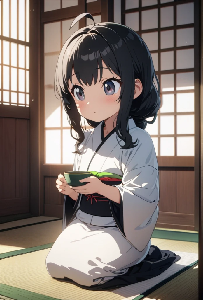 a girl, seiza, looking ahead, ahoge, long hair, black hair, black eyes, big eyes, chibi, kimono, bigger face, cute, anime, cell anime, 2d anime, soft surface, soft lighting, masterpiece, best quality, hyper detailed, exquisite, beautiful, Full-HD, 8K, absurdres, tatami, Japanese-style room, warm face, hold a teacup with both hands, green tea, Perfect Hand Style, yunomi, japanese teacup