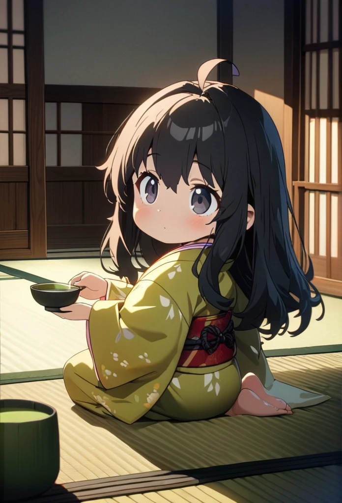 a girl, seiza, looking ahead, ahoge, long hair, black hair, black eyes, big eyes, chibi, kimono, bigger face, cute, anime, cell anime, 2d anime, soft surface, soft lighting, masterpiece, best quality, hyper detailed, exquisite, beautiful, Full-HD, 8K, absurdres, tatami, Japanese-style room, warm face, hold a teacup with both hands, green tea, Perfect Hand Style, yunomi, japanese teacup