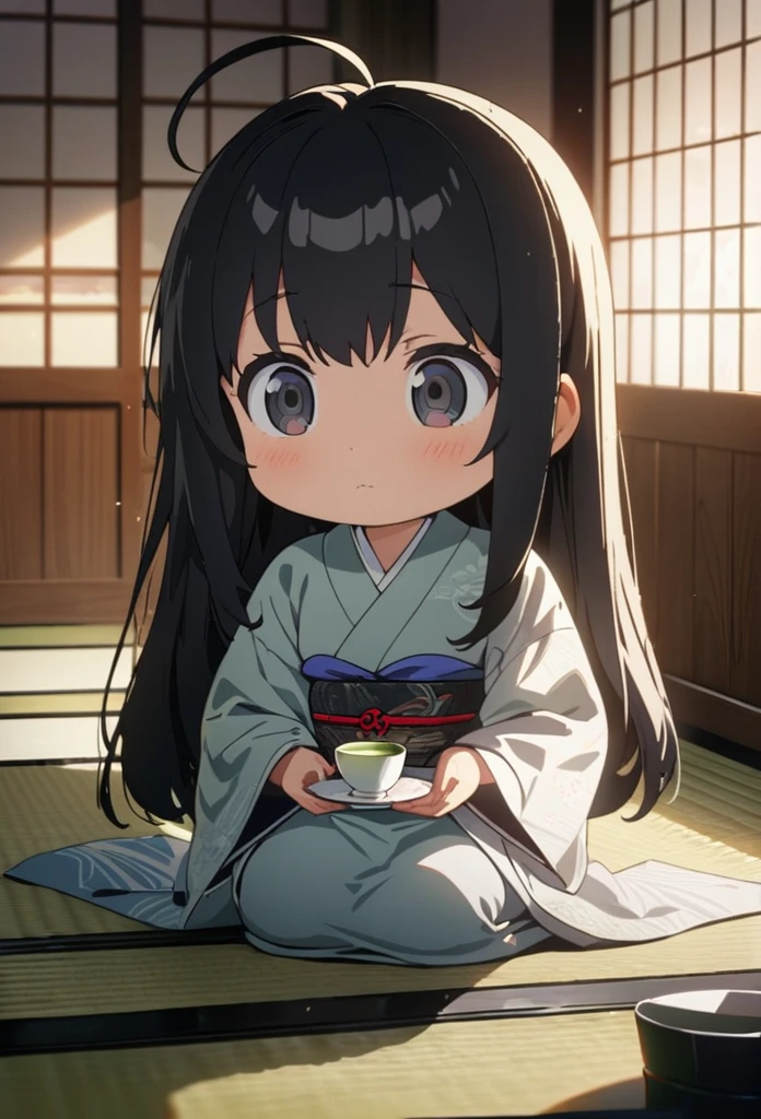 a girl, seiza, looking ahead, ahoge, long hair, black hair, black eyes, big eyes, chibi, kimono, bigger face, cute, anime, cell anime, 2d anime, soft surface, soft lighting, masterpiece, best quality, hyper detailed, exquisite, beautiful, Full-HD, 8K, absurdres, tatami, Japanese-style room, warm face, hold a teacup with both hands, green tea, Perfect Hand Style, yunomi, japanese teacup