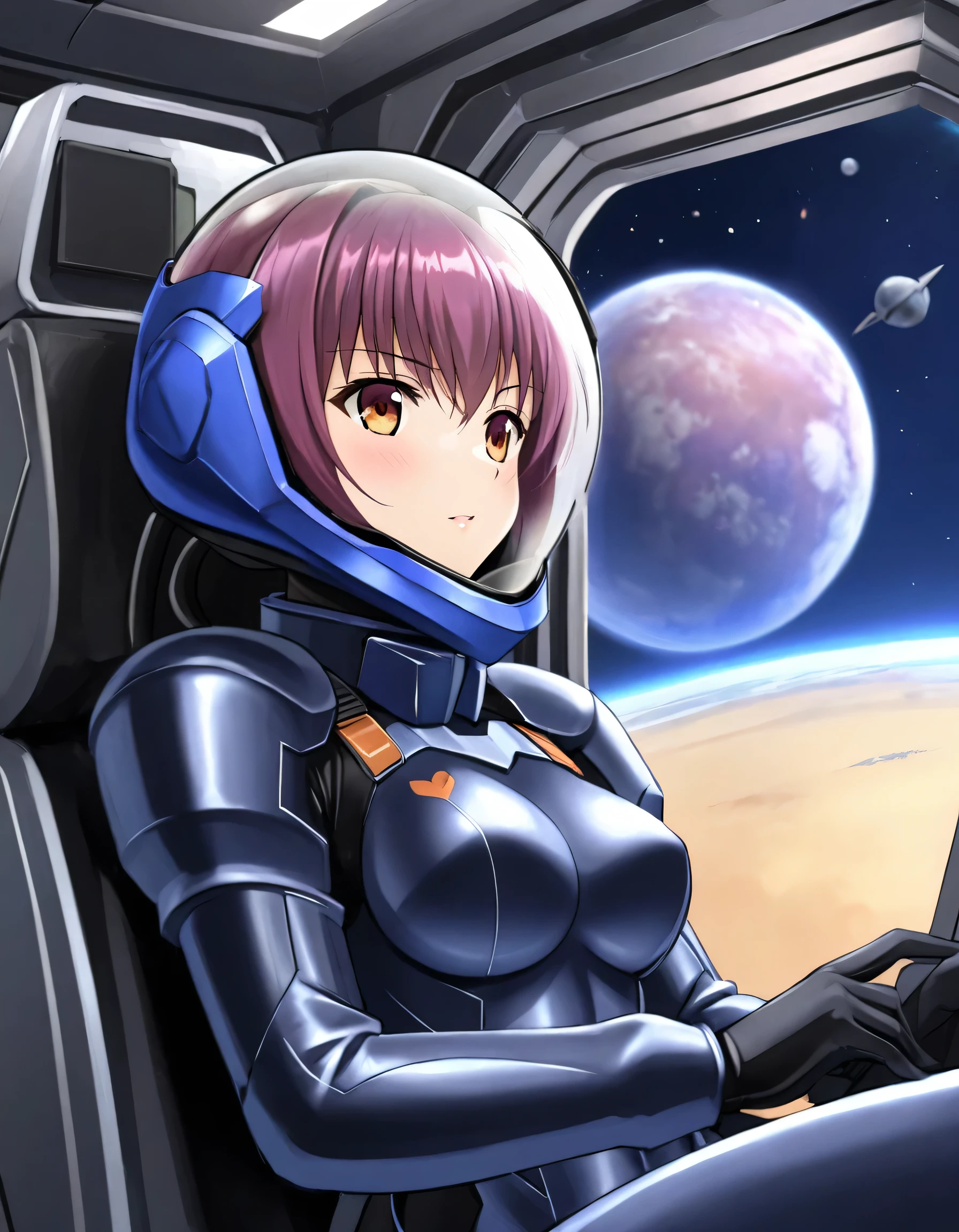 ((Female pilot in the cockpit of a reconnaissance plane), (airplane cockpit), (in flight), (10000 feet altitude)、(sky view):1.7),, short hair, street, emo, BLACK hair, white eyes, eyeliner, apocalypse, girl, nside the (cockpit:1.9) of a (futuristic spaceship:1.6), , blush,sitting on a chair, covered navel, space helmet, muvluv, space helm, plug suit , space helmet, eva helm, space suit, short hair,