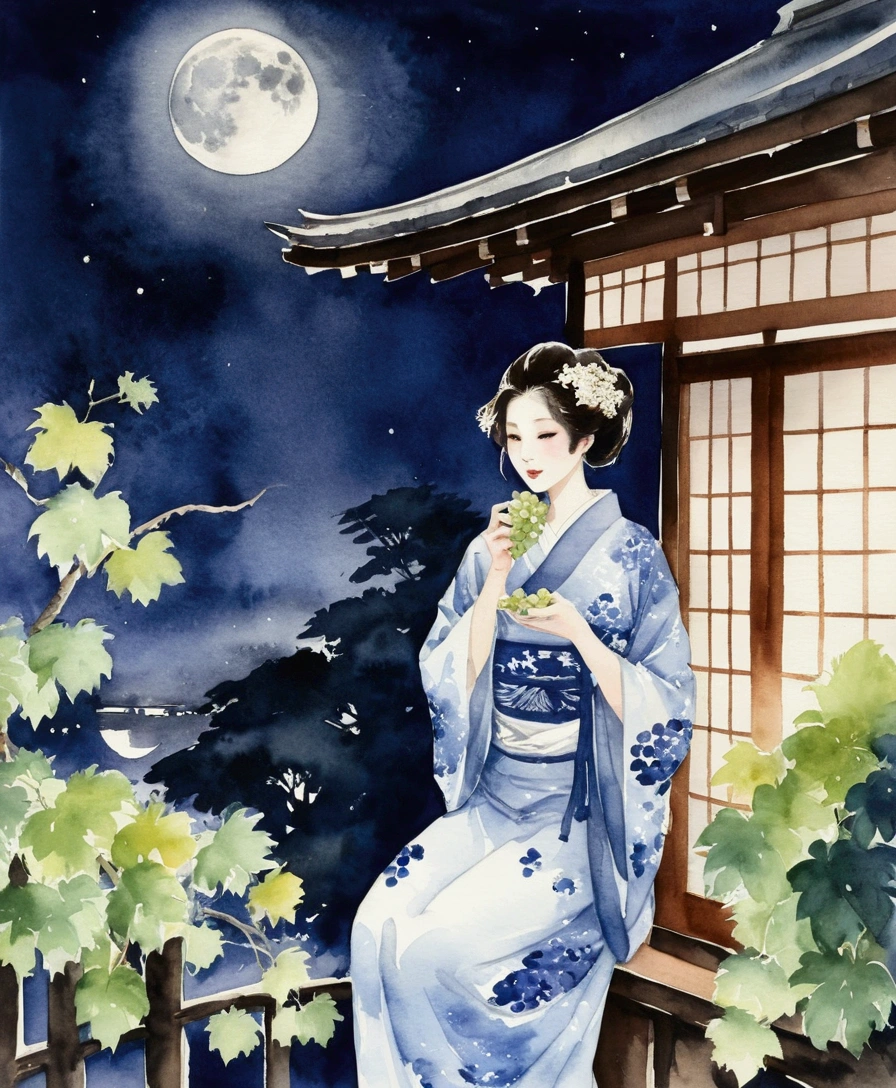 Taisho Romance　Watercolor　kimono　kimono　A very beautiful woman is eating a Muscat grape　Japanese-style house　Quiet shrine at night　Big moon outside　Moonlit Night　Lots of Muscat　Highest quality　Best Image