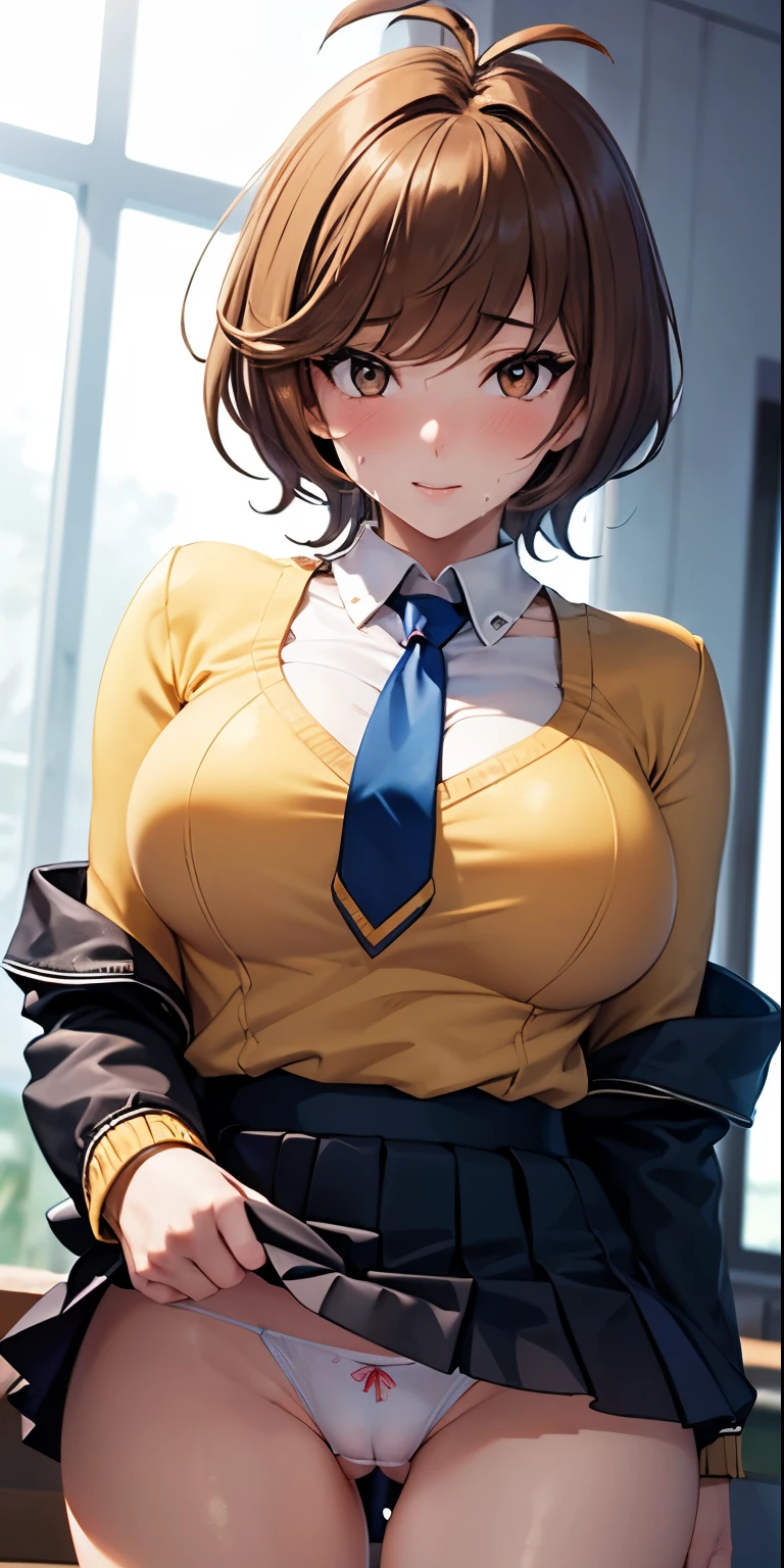 1 Female,High definition,high resolution,Ultra-realistic,8K, hmza, short hair, antenna hair, brown eyes, , blue necktie, (black jacket), yellow shirt,long sleeves,( black skirt),tight skirt , miniskirt,European,sexy,Upper body close-up,Photographed from the front,Dynamic Angles,blush, (big tits  ), happy, wink the eye,facial, sweat ,(wide thighs:1.4),(white panties),(show panties),(pubic hair),(cameltoe)