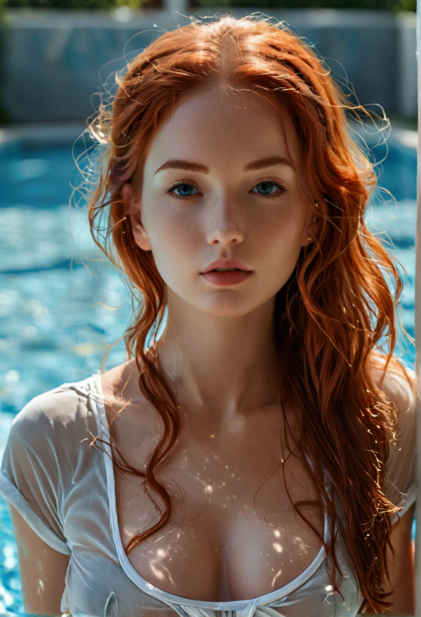 (full body shot:1.1) photorealistic image of a (standing pose:1.1) woman, ultra realistic, photography, long red hair, girl, 24 years old, hourglass figure, perfect body, Flirty look, natural medium breasts, blur background, she is in a pool, she wears a tight plain white sheer see-through t-shirt,