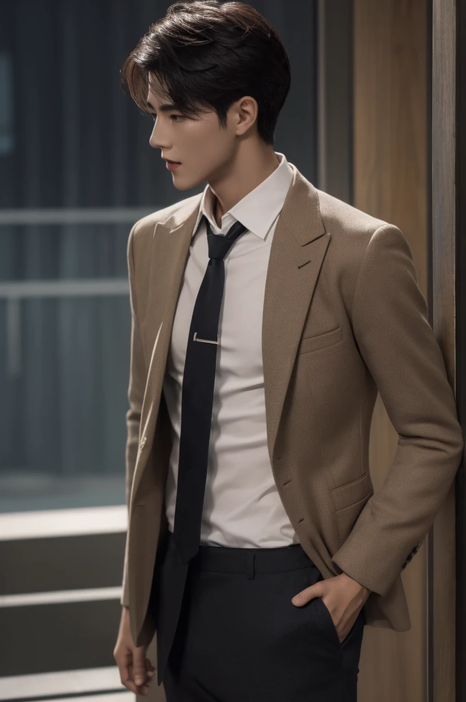 masterpiece, best quality,high detail,1 male,handsome,rugged yet refined appearance, fair complexion with boy-next-door charm, precise details, blazer, slim-fit trousers, tie, finely detailed background, Depth of Field, VFX,cinematic shot