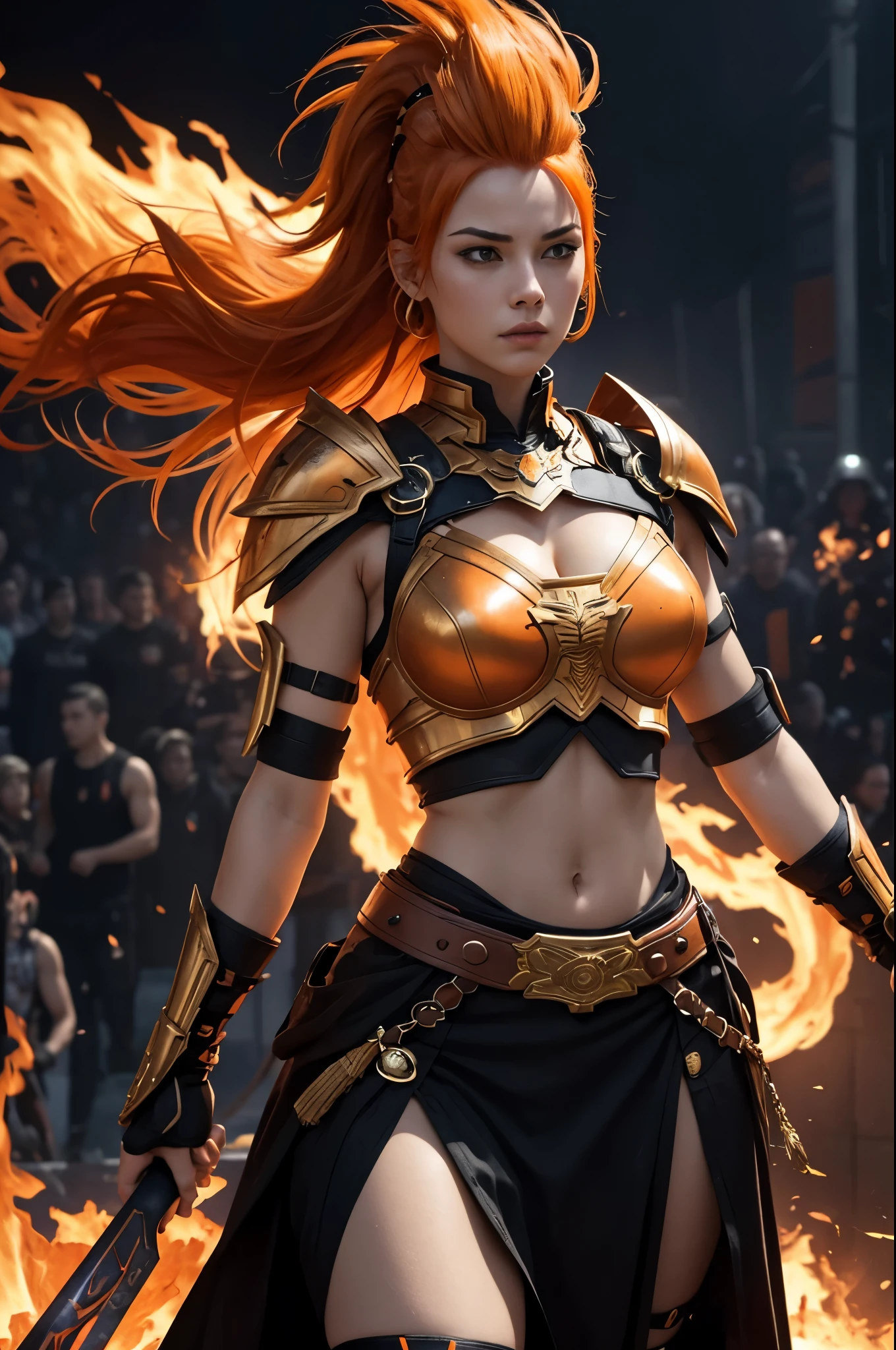 8k,American female fire goddess, With the energy of a 20-year-old.,Super Beauty(Like the real thing),Staring angrily at the audience.,Orange Mohawk Hair,Sexy orange and black large chest armor(Fire God's Emblem),Orange Flame Gauntlets(Fire God's Emblem),Orange Flame Leg Guards(Fire God's Emblem),Orange and black shorts(Fire God's Emblem),Slender and muscular lower body,A dark and desolate land,Photorealistic RAW photos of the highest quality。Bright colors,Rich colors, Backlight, Cinema Lighting, Film Grain, 50mm lens, Nikon D850,Realistic Skin,Fantasy art,Character Art,Ultra-high resolution,Realistic Skin,Raised muscles,A 20-year-old beauty who is the goddess of fire,Black Flame God Costume(Orange flame emblem filigree),Energy Man,Super Muscular Beauty,Very intense and strong abs,Top-down view,Dynamic fighting pose,Uplifting,Bright Red Eyes,American Woman,Bodybuilding,Fighting style,Martial Arts Posture,Amazing muscle beauty,Ripped Abs,fist,Showing off his incredibly ripped abs,