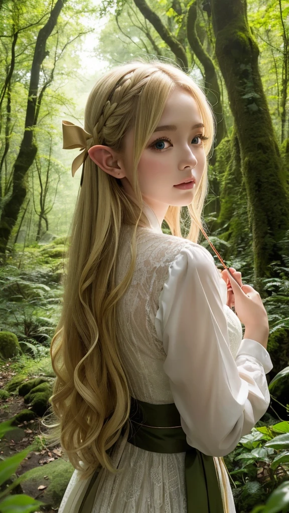 in the forest、Elf、Holding a bow、The face is looking straight ahead、hair is straight blonde、