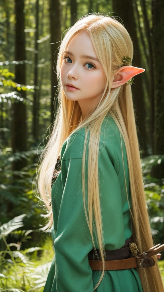 in the forest、Elf、Holding a bow、The face is looking straight ahead、hair is straight blonde、