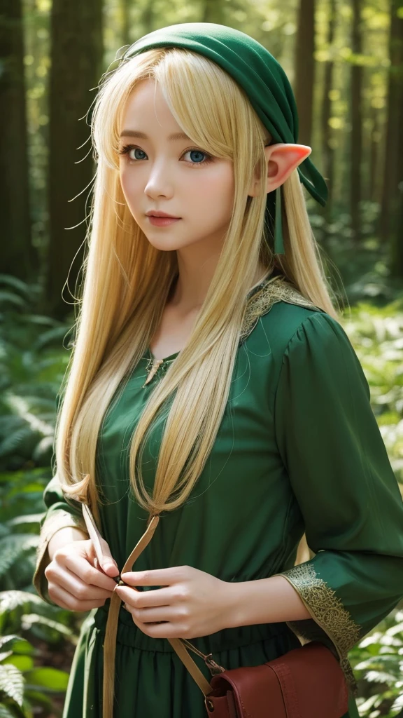 in the forest、Elf、Holding a bow、The face is looking straight ahead、hair is straight blonde、