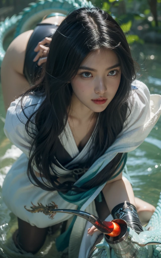 Ultra-high resolution,High-resolution details,Long hair, Dragon Horn, Colored contact lenses, A faint smile, Tonality, Motion Blur, from above, 35 mm, Sony FE GM, 16K