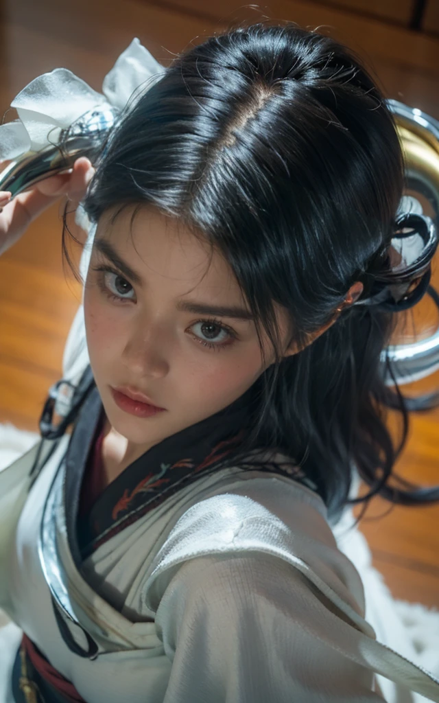 Ultra-high resolution，High-resolution details，Long hair, Dragon Horn, Colored contact lenses, A faint smile, Tonality, Motion Blur, from above, 35 mm, Sony FE GM, 16K