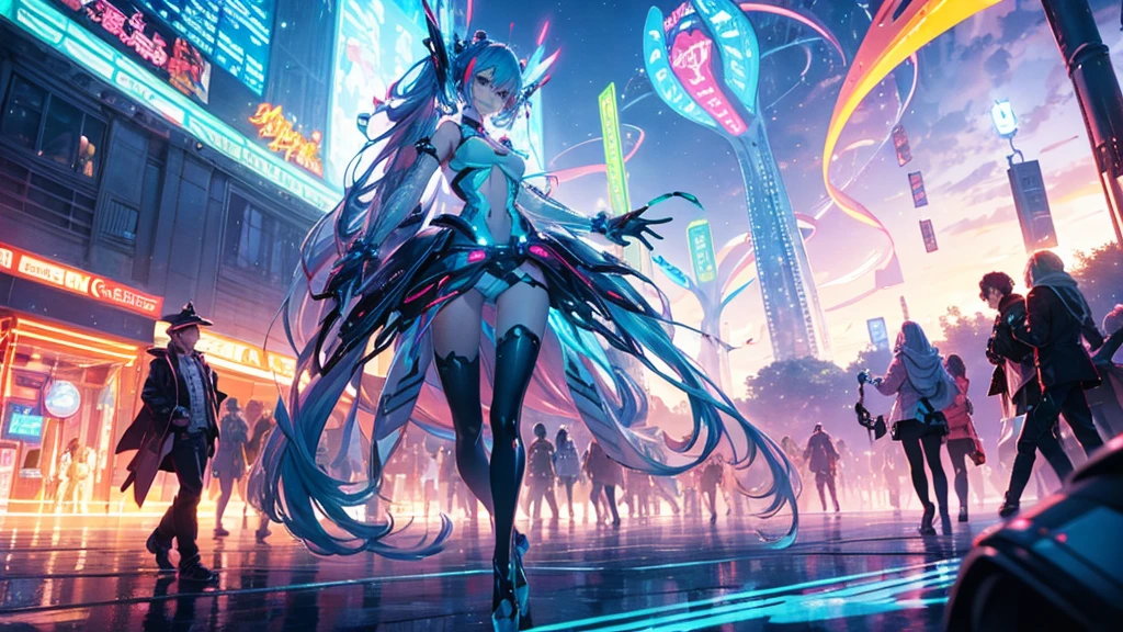 A spectacular parade in a futuristic metaverse theme park with colorful neon lights