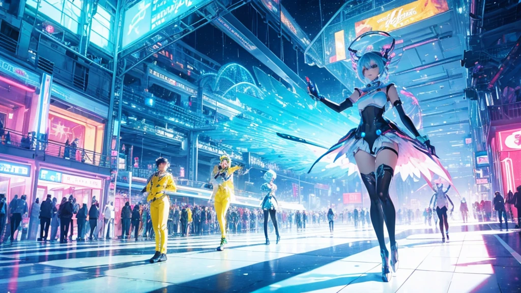 A spectacular parade in a futuristic metaverse theme park with colorful neon lights