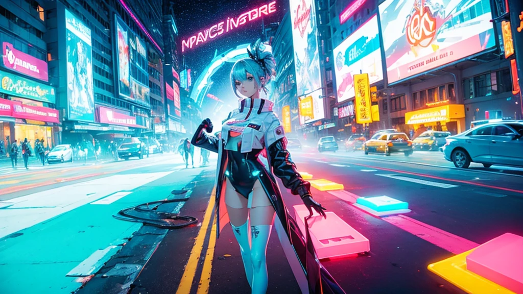 A spectacular parade in a futuristic metaverse theme park with colorful neon lights