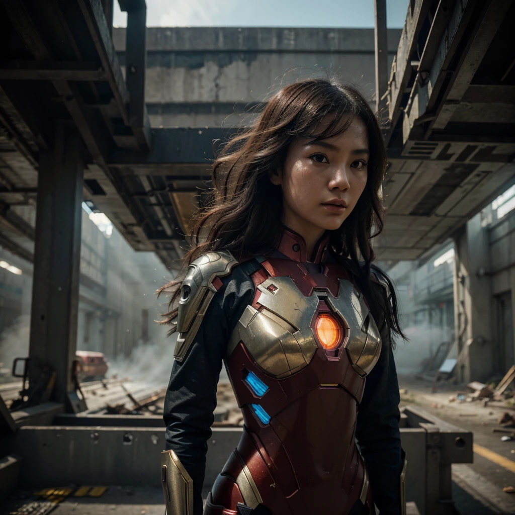 (1 vietnamese girl:1.3), solo,__body-parts__, official art, unity 8k wallpaper, ultra detailed, beautiful and aesthetic, beautiful, masterpiece, best quality, RAW, masterpiece, super fine photo,, best quality, super high Resolution, photorealistic, sunlight, full body portrait, stunningly beautiful,, dynamic pose, delicate face, vibrant eyes, (side view), she is wearing a futuristic Iron Man mech, red and gold, Highly detailed abandoned warehouse background, detailed face, detailed complex busy background, messy, gorgeous, milky, high detailed skin, realistic skin details, visible pores, sharp focus, volumetric fog, 8k uhd, dslr camera, High quality, film grain, fair skin, photorealism, lomography, sprawling metropolis in a futuristic dystopia, view from below, translucent