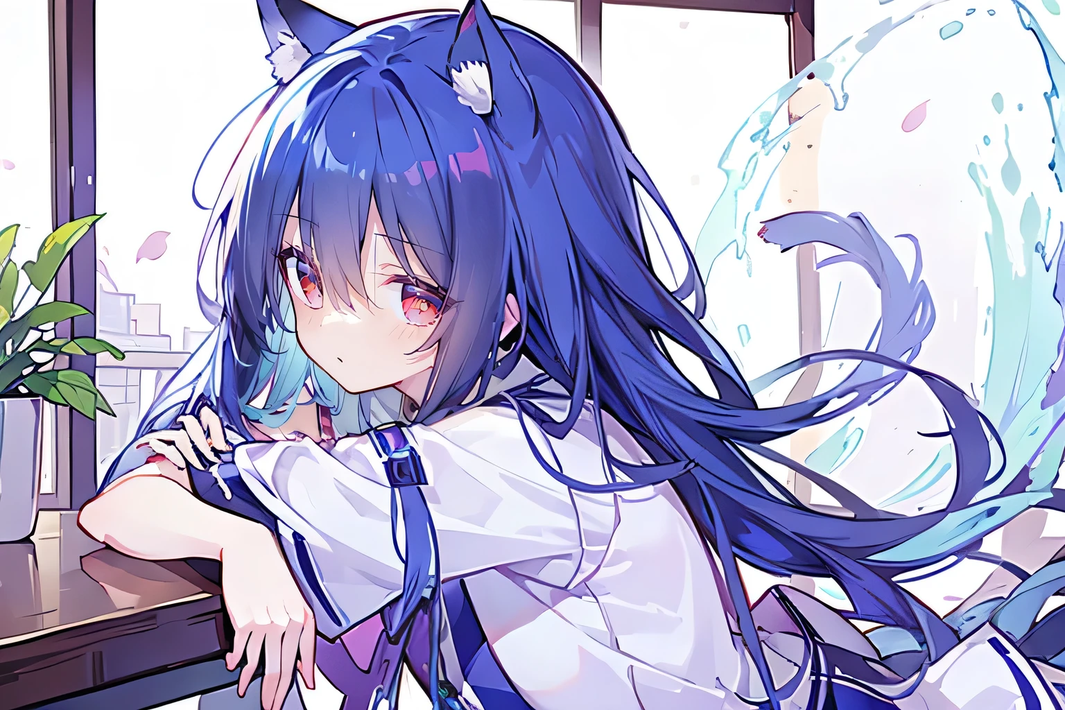 (Masterpiece:1.2)，Ultra-detailed，lifelike，The eyes are expressive，Fair skin，Perfect face shape，1 girl，Japanese Manga，Gorgeous blue hair，Flowing blue hair，Flowing clothes，Cat ears，Petals falling，Smile，Tokyo background，background，heavy snow，winter.Highest quality，perfect face，sitting on window sill drinking coffee and looking out the window.