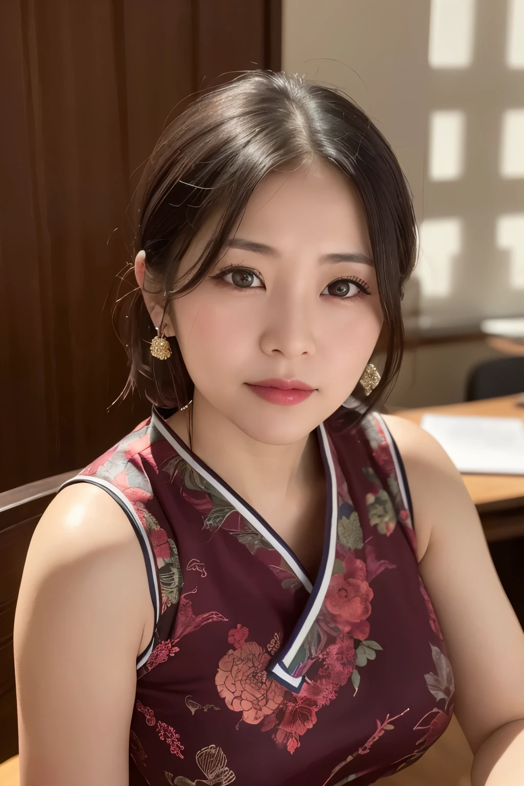 One girl, Mature Woman, photograph, Realistic, Highest quality, Detailed face, office,Detailed Background, Diffused sunlight, Depth of written boundary, Bokeh, Traditional Chinese Dress, sexy, Tribal pattern