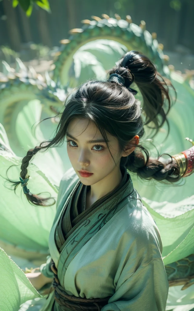 braided pony tail, Dragon Horn, Colored contact lenses, A faint smile, Tonality, Motion Blur, from above, 35 mm, Sony FE GM, 16K