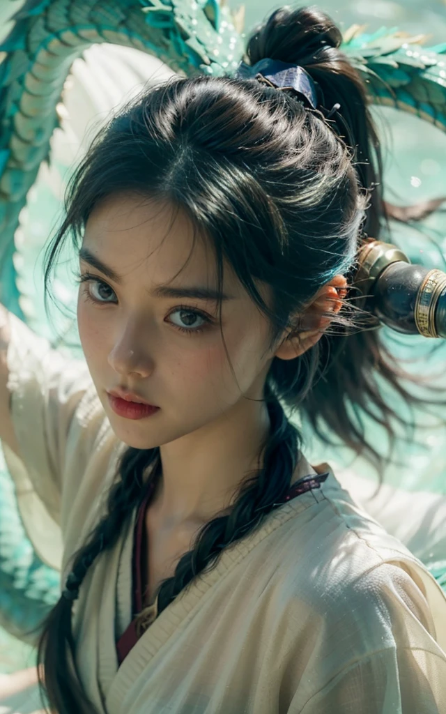 braided pony tail, Dragon Horn, Colored contact lenses, A faint smile, Tonality, Motion Blur, from above, 35 mm, Sony FE GM, 16K