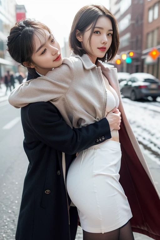 Highest quality, 4K, 8k, Detailed face, Clear Face, Cute Girls, Korean Makeup, Red lips, smile, Perfect body,Straight short hair to the shoulders,Small breasts,thigh,slim,thin, The girl is wearing a long, wide coat, Under the jacket was a top tube and pantyhose., Lower abdomen, Snow Scene, winter, street,Accentuate your butt、(Panty lines、Panty lines showing through the skirt:1.4),(skirt with deep slit,:1.3)、Butt-pushing posture、(The color of her panties is slightly visible)、White Skirt、(sexy、Very erotic:1.5)